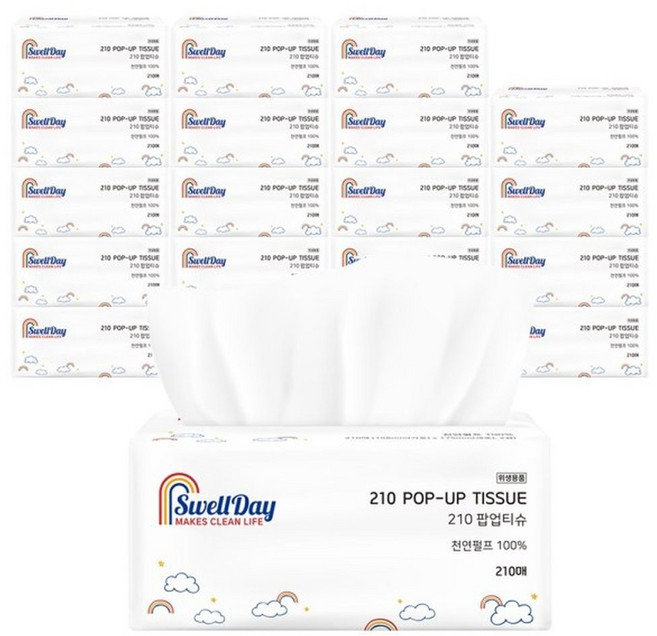 스웰데이 210 생필품 위생용품 팝업 천연펄프 미용티슈 2겹 210매 20개