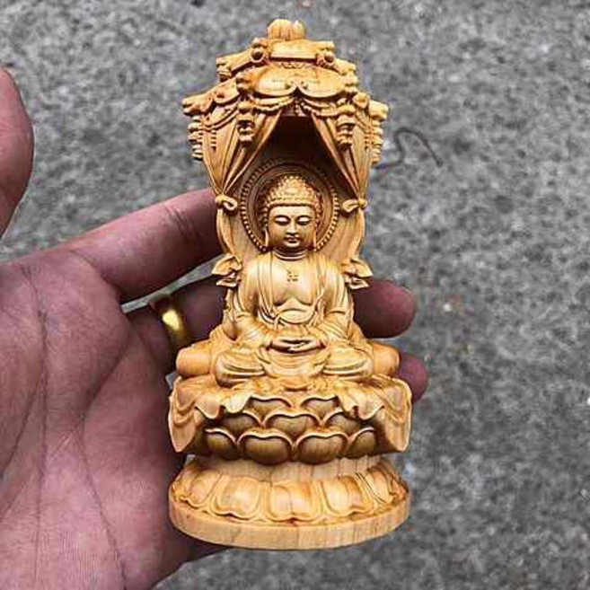 觀音木雕佛像擺件, 大葉黃楊木(高15厘米)