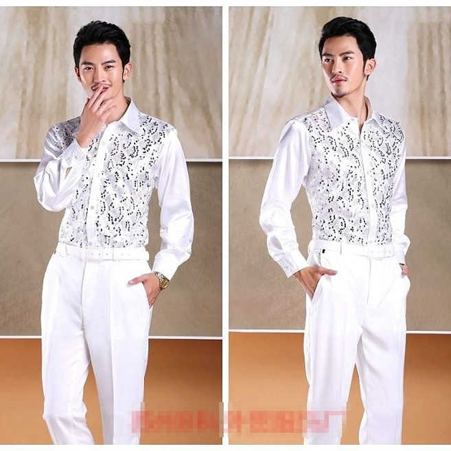 FANSYLI 남자 공연복 색소폰 무대 셔츠 셔츠 연주 셔츠 사회자 스팽글 셔츠 빅사이즈 X2405M28cy1