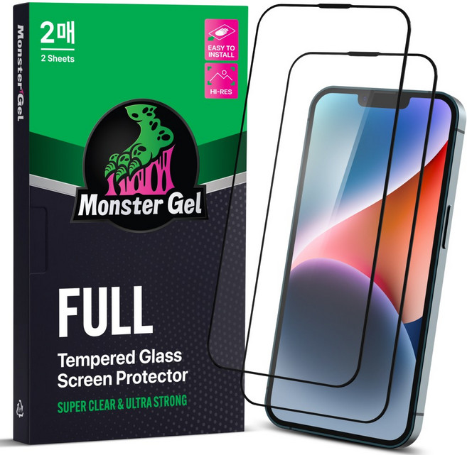 몬스터 고화질 슈퍼강력 투명 강화유리 휴대폰 액정보호필름 2p + 똥손탈출 부착틀, 1세트