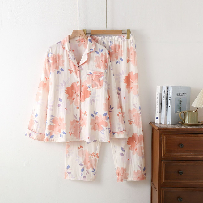 日系翻領長袖長褲純棉雙層紗布睡衣套裝