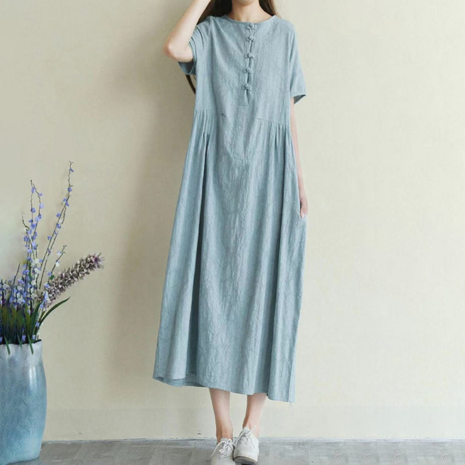 ORZQU 여름 여성 캐주얼 루즈핏 트렌디한 패션 개량 한복 롱 원피스 반팔 자수 스타일 기품 심플 스커트