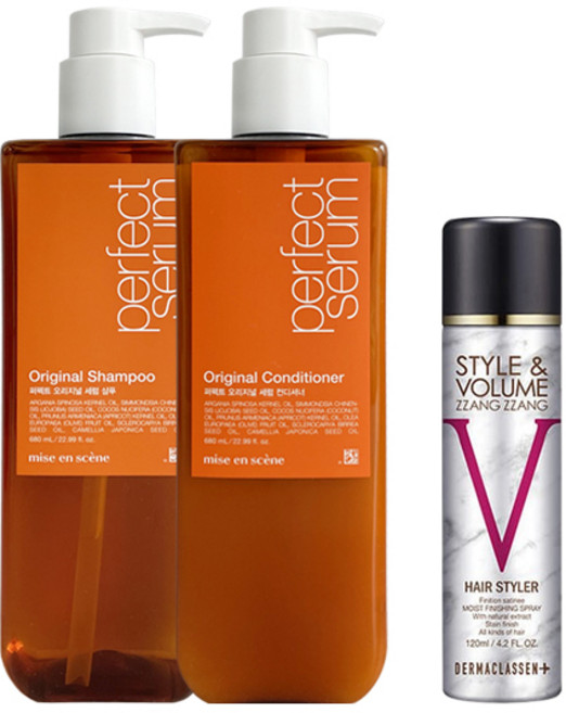 미쟝센 퍼펙트세럼 오리지널 샴푸 680ml + 컨디셔너 + 볼륨짱짱 흑채 스프레이 블랙 120ml, 1개, 1.48L