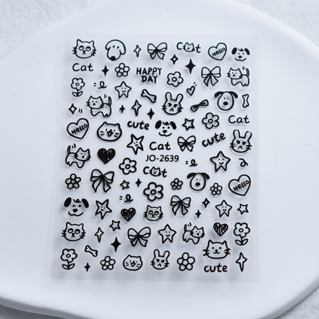 샵글로벌 만화 낙서 네일아트 스티커 귀여운 고양이 강아지, 1개, 캣블랙