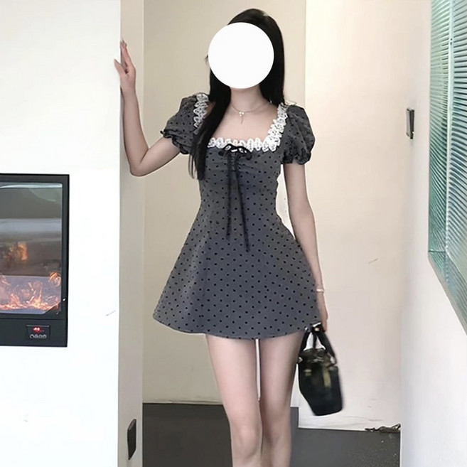 COSYEVNO 여성 미니 원피스 스퀘어넥 퍼프소매 레이스 프릴 도트 Tzklyq-67