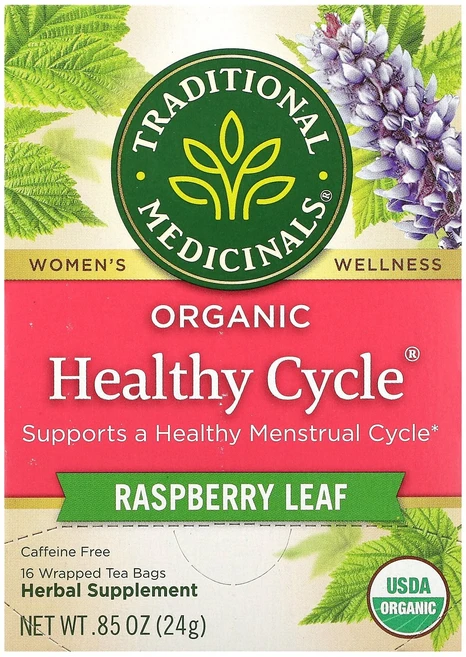 Traditional Medicinals Organic Healthy Cycle® 라즈베리 잎 카페인 무함유 포장된 티백 16개 24g(0.85온스), 1개 - 쿠팡