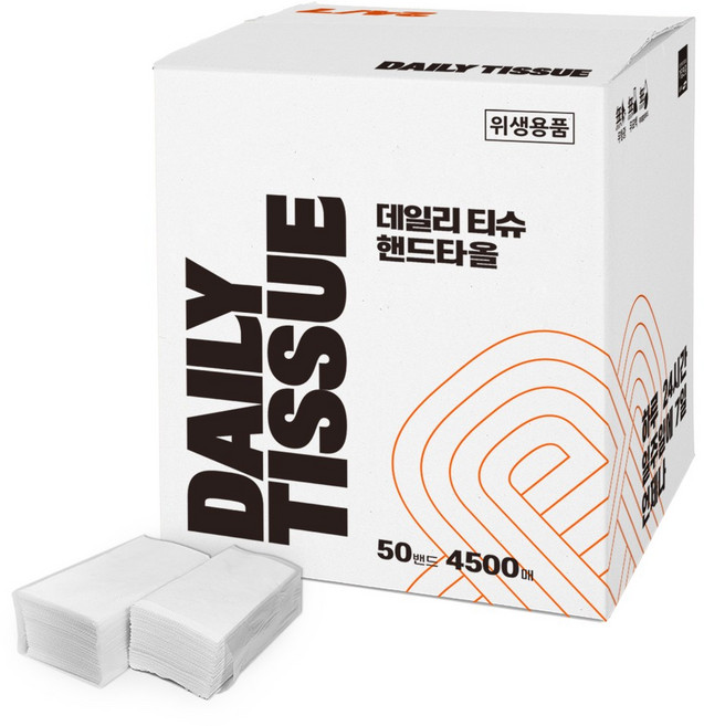 데일리티슈 무형광 무표백 두터운 페이퍼타월 핸드타올 50밴드 4500매, 흰색, 1박스, 4500개입