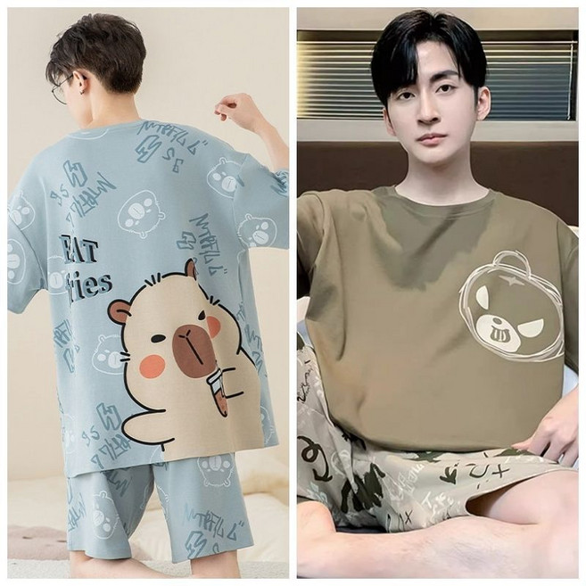 1+1 남성 여름 반팔 반바지 잠옷 상하세트 냉장고 패션 홈웨어 데일리 스판 실내복 속건 컴포트 오버핏 쿨링 투피스 2매입