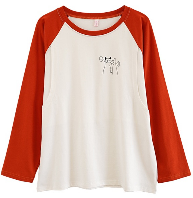 BABYSHARE 時尚哺乳衣 貓貓圖案 拼色長袖孕婦上衣 J1L022F3