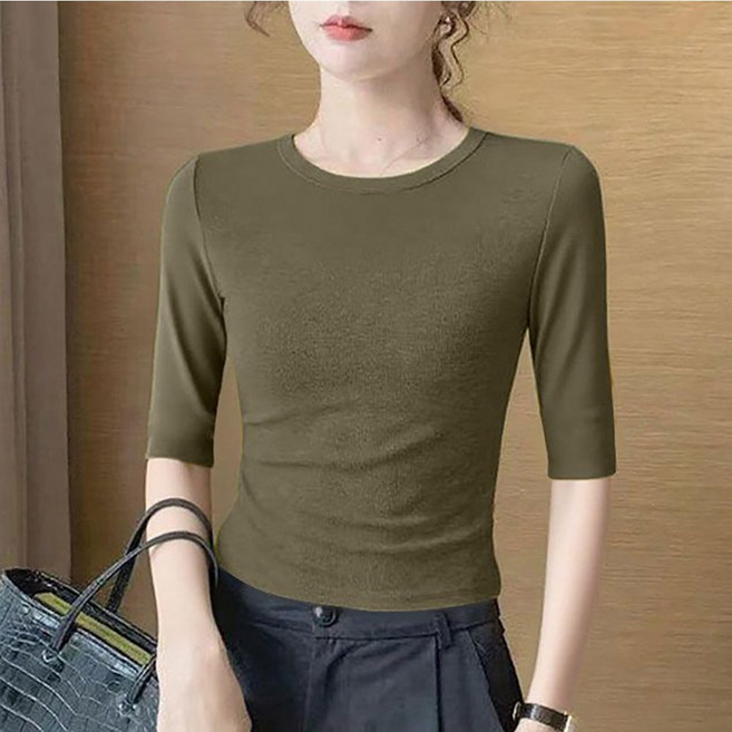 로르카 여성 슬림핏 라운드넥 5부소매 베이직 데일리 이너 티셔츠 B06031916