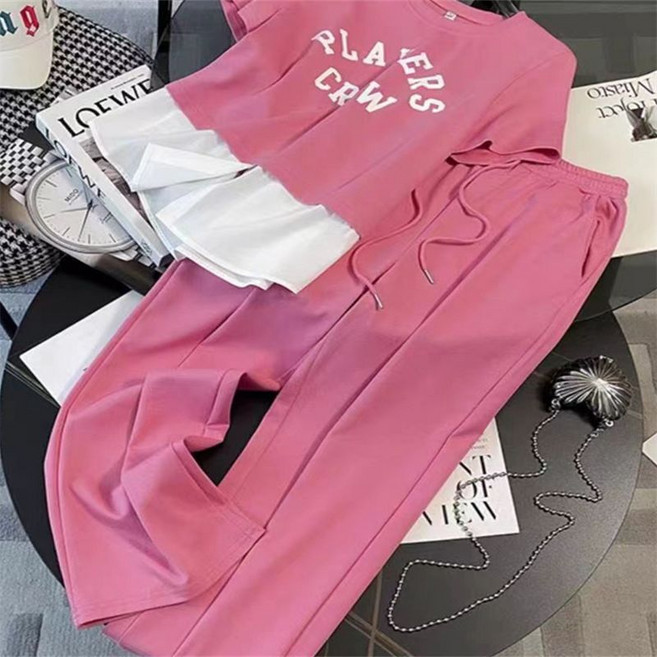 FINE ART 여성 레이어드 반팔 티셔츠 밴딩 바지 상하세트 빅사이즈 트레이닝복세트 여름 투피스 반팔티 + 슬랙스