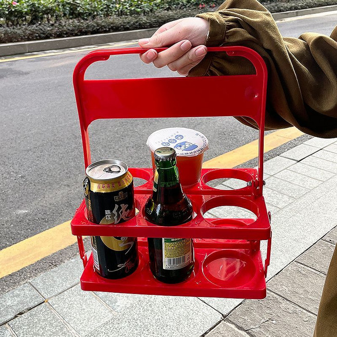 ins法式復古純色彩色飲料啤酒手提籃收納杯架手提折疊野餐籃, 1個, 提手藍【紅色】