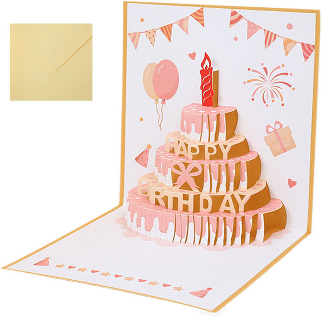 투데이리빙 생일 축하 녹음 카드 3D 입체 팝업 목소리 편지 선물 감사 초대 멜로디 미니 엽서 케익 케이크 토퍼 만들기 편지지 봉투, 1개, 핑크 골드