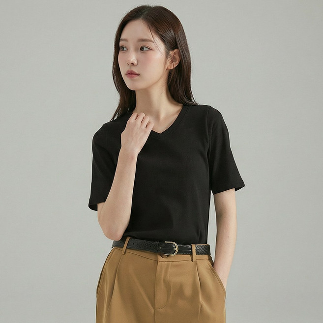 엠제이스타 여성 무지 시원한 심플 스판 브이넥 반팔 티셔츠 10color