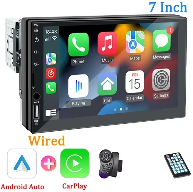 차량용 라디오 1 딘 카플레이 안드로이드 자동 멀티미디어 HD 7 인치 터치 스크린 FM AUX 입력 블루투스, 03 With Remote Control, 1개