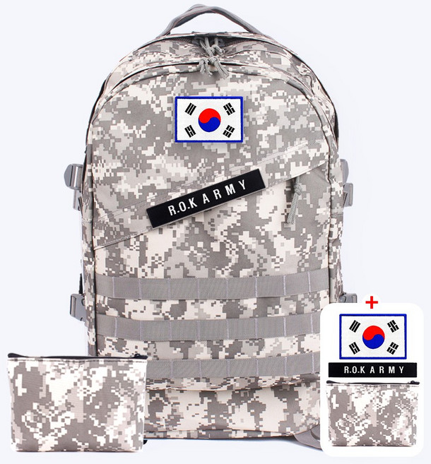 군인가방 45L ACU + 흰색 태극기 + R.O.K ARMY 패치 + 파우치 - 밀리터리 남자 학생 출타 배낭 헬스 여행 등산 캠핑