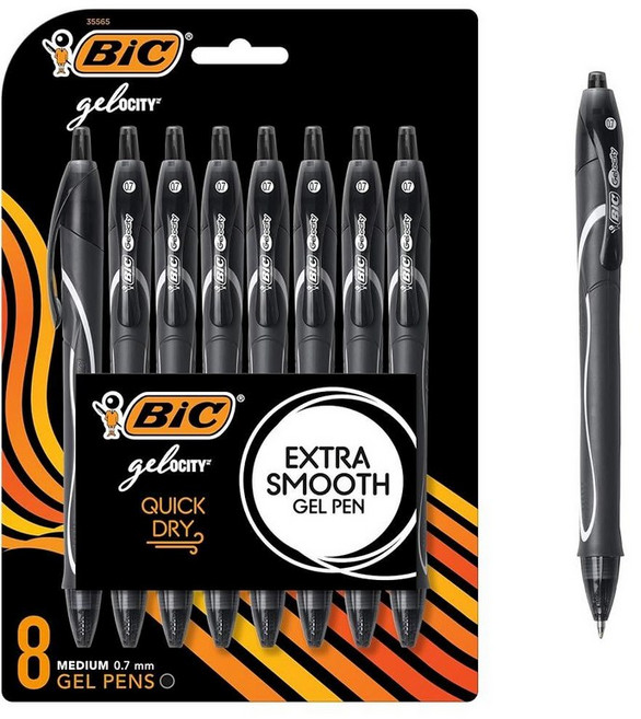 BIC Gelocity 퀵 드라이 블랙 젤 펜 미디엄 포인트 (0.7mm) 8개입 팩 편안한 풀 그립이 있는 접이식 젤 펜
