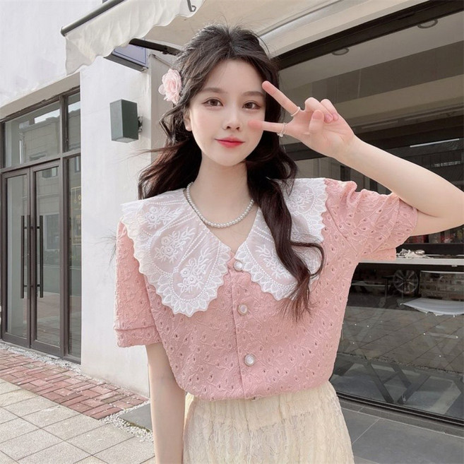 AURALA 여성용 여름 루즈핏 카라넥 반팔티 예쁜 레이스 펀칭 블라우스
