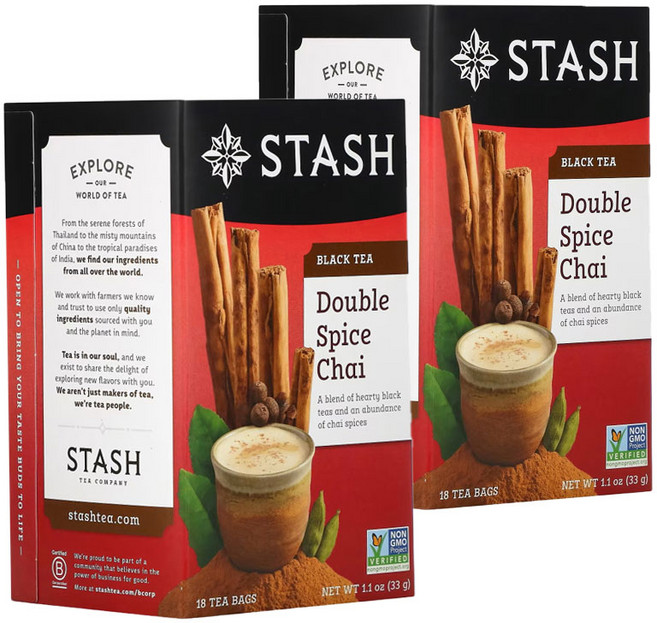 Stash Tea 스태쉬티 스타시티 홍차 블랙티 더블 스파이스 차이 티백, 2개, 18개입, 1.8g