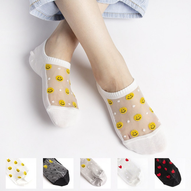 여성 여름 하트 스마일 망사 시스루 덧신 양말 페이크삭스 5켤레 세트