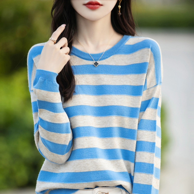 NEW 가을 여성 스트라이프 니트 라운드 얇은니트 겨울 긴팔 풀오버 니트 보온과 패션을 겸비