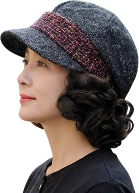 가발위드 중년 패션 모자가발 일체형 단발 웨이브 곱슬 헤어펌 M005, 1개, 네츄럴블랙