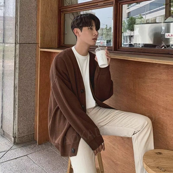 AOKADA 남성 봄 가을 오버핏 브이넥 니트 가디건 심플 스웨터 아우터