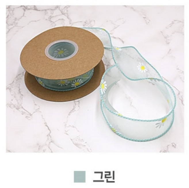 세모쇼핑백 패턴 공단리본 선물 포장리본 데이지, 데이지 공단리본, 40mm X 9M, 그린