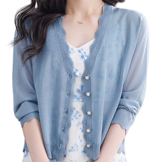ORZQU 여름 여자 캐주얼 빅 사이즈 브이넥 얇은 가디건 상의 아이스 니트 아우터