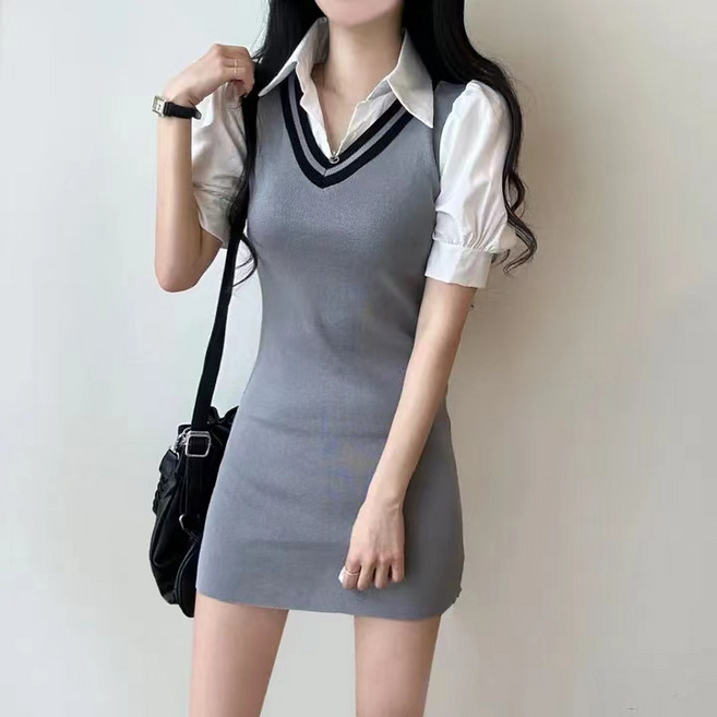 예쁨시전 스테디 톤온톤 페이크 레이어드 착붙 니트 미니 원피스