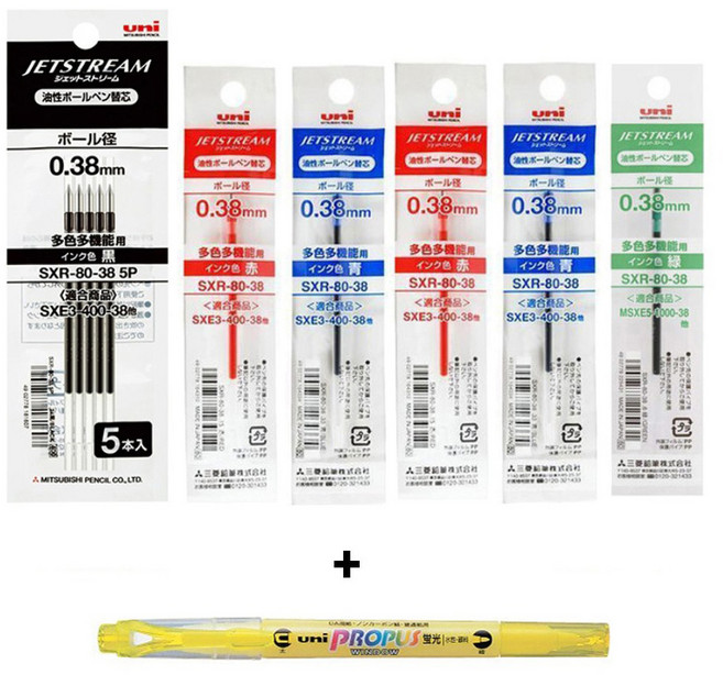 유니 제트스트림 멀티펜 리필심 3색펜 4색펜 SXR-80 10개입 - 프로포스 형광펜, 0.38 - 혼합
