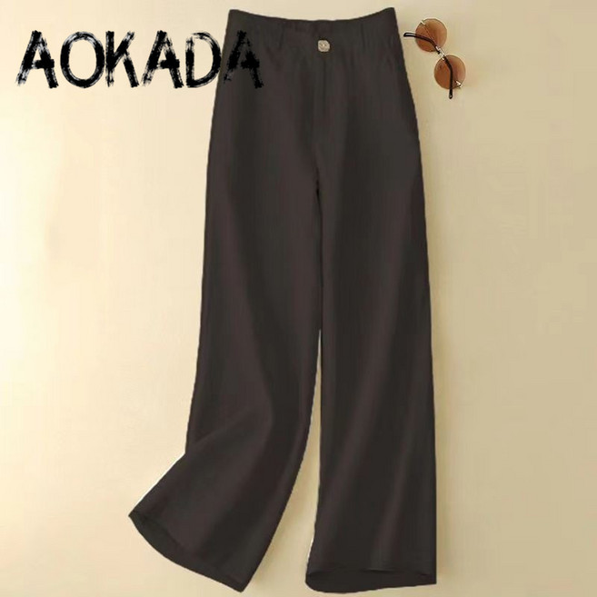 AOKADA 여성 밴딩 슬랙스 바지 빅사이즈 일자 린넨 롱 와이드팬츠