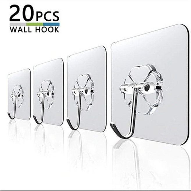 20PCS 투명 벽후크 강한접착력 문벽걸이 무거운짐 주방 부엌 욕실 다용도걸이