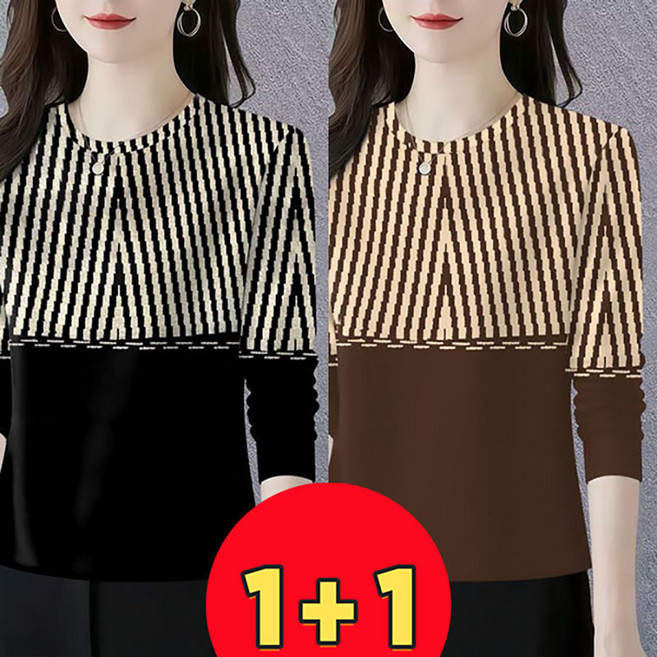 AOKADA 1+1 여성 중년 라운드 긴팔 티셔츠 빅 사이즈 기하학 패턴 셔츠