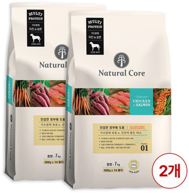 네츄럴코어 치킨&연어 애견사료 7kg x 2봉, 닭+연어, 1세트