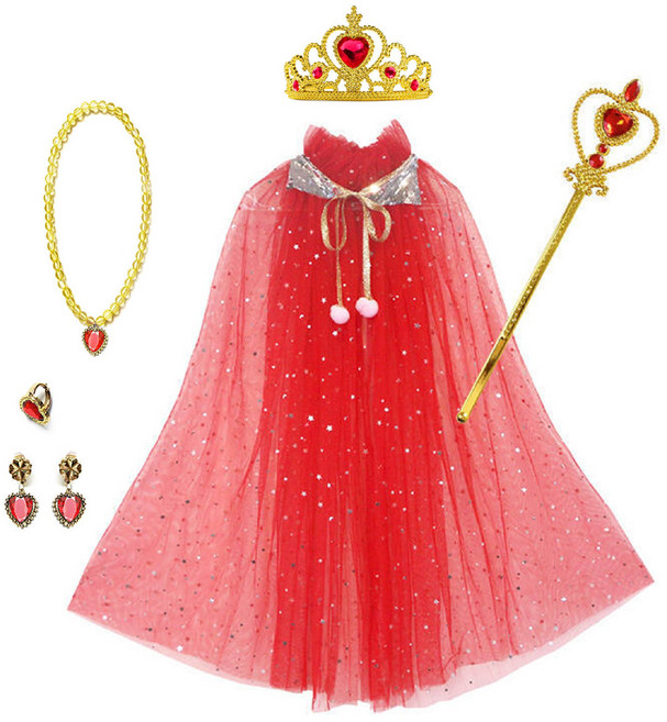 [청춘교복] 공주 생일 파티 용품 5종세트+망토 축하 브라이덜샤워 연말 선물 소품 프린세스 코스튬 주얼리 왕관 요술봉 목걸이 액세사리, 1개, 레드