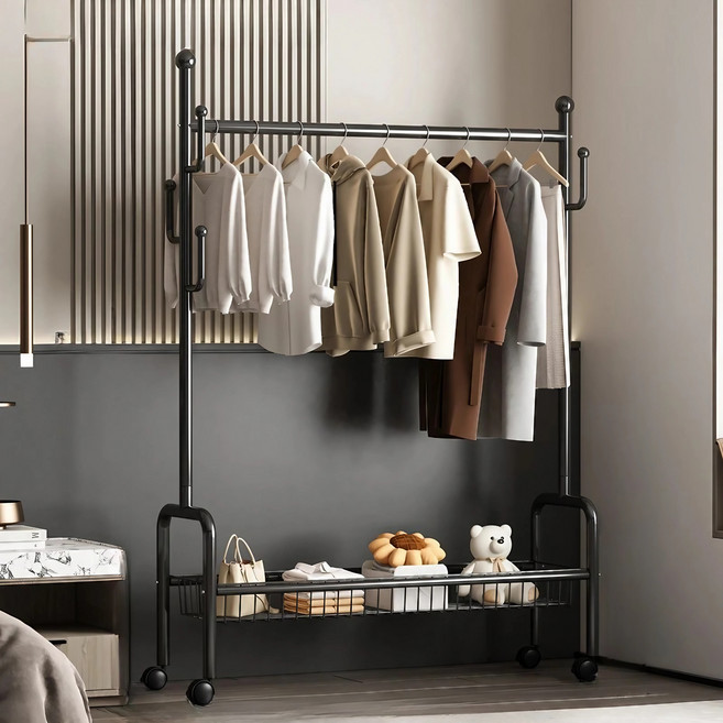 라온프리 튼튼한 철제 수납 이동식행거, 블랙