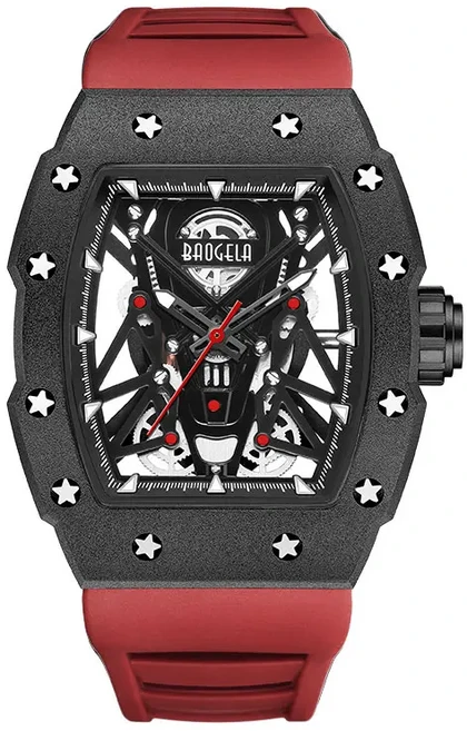 스포티 캐주얼 남성용 시계 스테인리스 스틸 톤노 케이스 홀로우 아웃 다이얼 발광 기능 패션 실리콘 스트, 04 Red