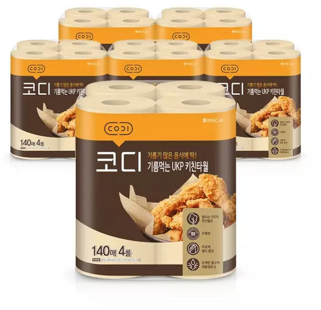 코디 아름드리 기름먹는 천연펄프 키친타올 140매, 6개