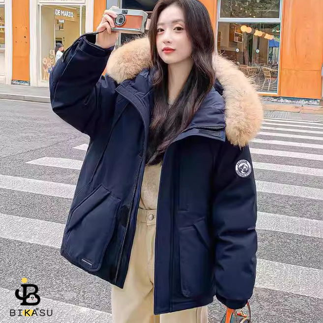 BIKASU 여성 겨울 루즈핏 퍼 후드 숏 패딩 점퍼 야외 바람막이 방수 캐주얼 숏패딩