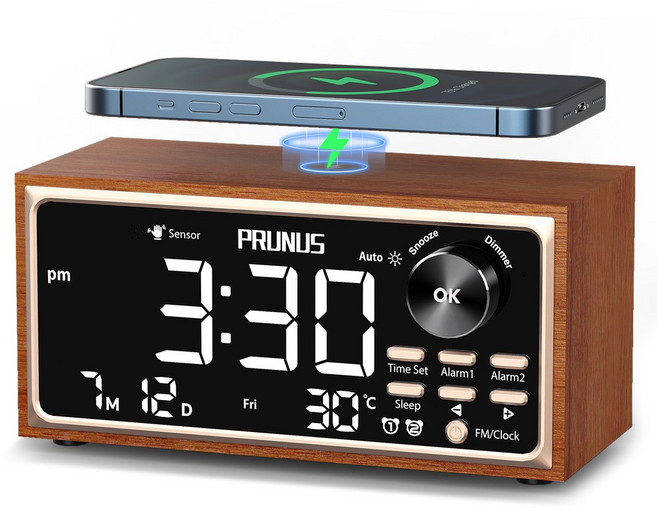 레트로 빈티지 듀얼 알람 시계 라디오 FM 15W 빠른 무선 충전 LED 디스플레이 조광기 제어 자동 디밍 침실, Black