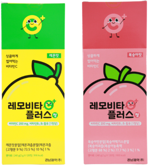 경남제약 레모비타플러스정 레몬맛 복숭아맛 2종세트 건강 켄디, 2개, 240g