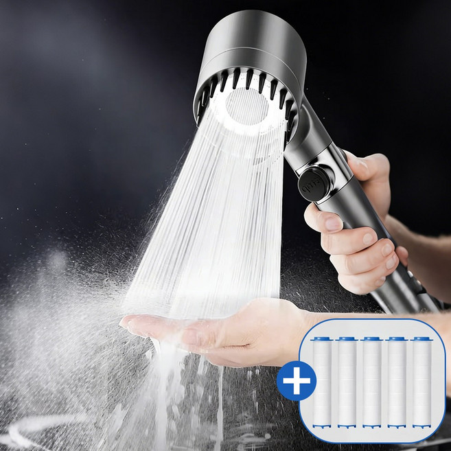 수압상승 필터 샤워기 헤드 3단조절 온오프 고압 절수 + 필터 5p 세트, 그레이, 1세트