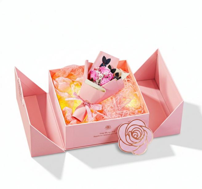 홈앤힐링 예쁜 LED 선물상자 고급 선물포장박스 + 조명 + 라피아 세트, 1세트, 클레이 핑크