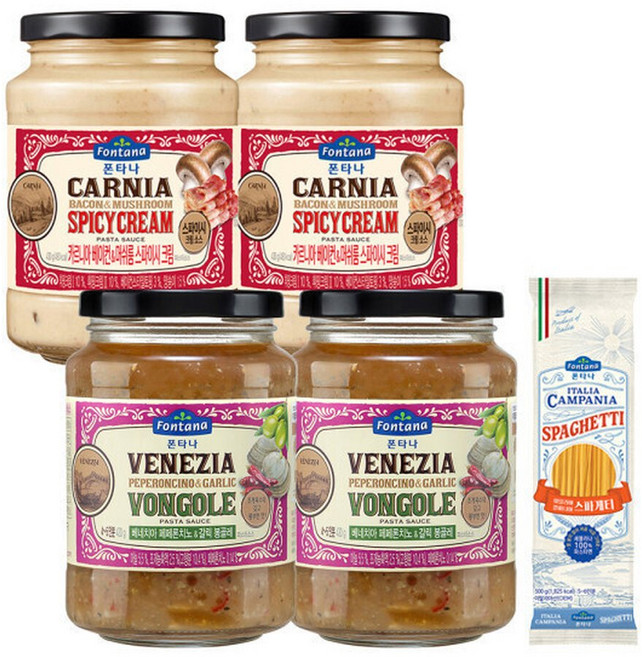 파스타소스 베이컨 머쉬룸 스파이시 430g 2병&갈릭 봉골레 430g 2병&면500g, 4개