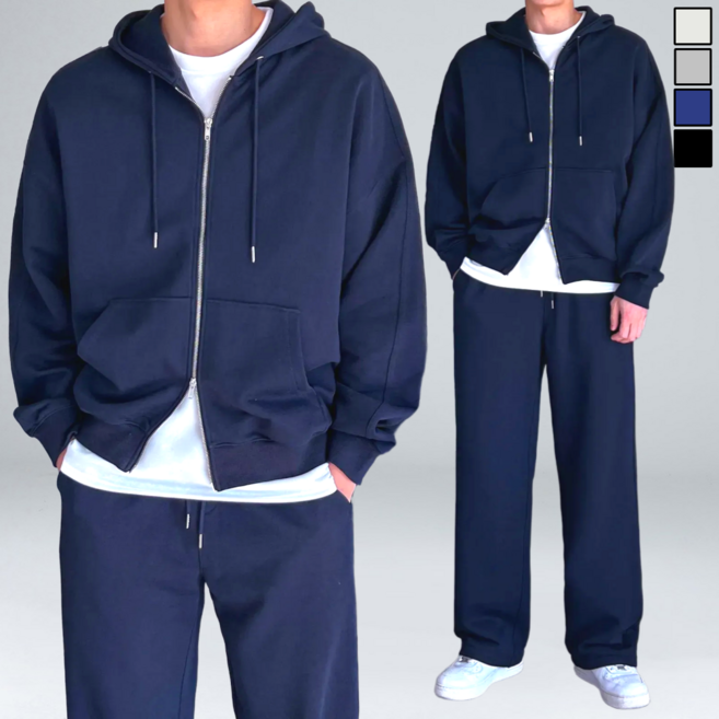 이황에프엔씨 남녀공용 헤비 수피마 코튼 절개 오버핏 후드집업 상하의 세트