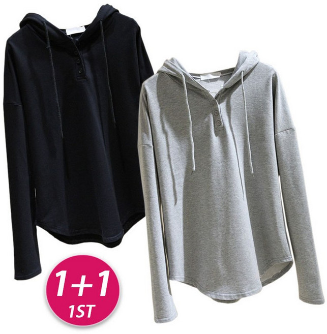 1+1 여성 봄 가을 베이직 버튼 포인트 긴팔 후드 티 풀오버 무지 맨투맨 루즈핏 후디 캐주얼 데일리 간절기 스트랩 이너 후드 [2장 묶음]