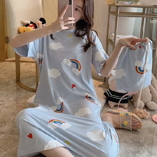 1+1 (파우치 증정) 여성용 원피스 파자마 반팔 여름 잠옷 무지개잠옷 편한 홈웨어 잠옷원피스 여행용잠옷