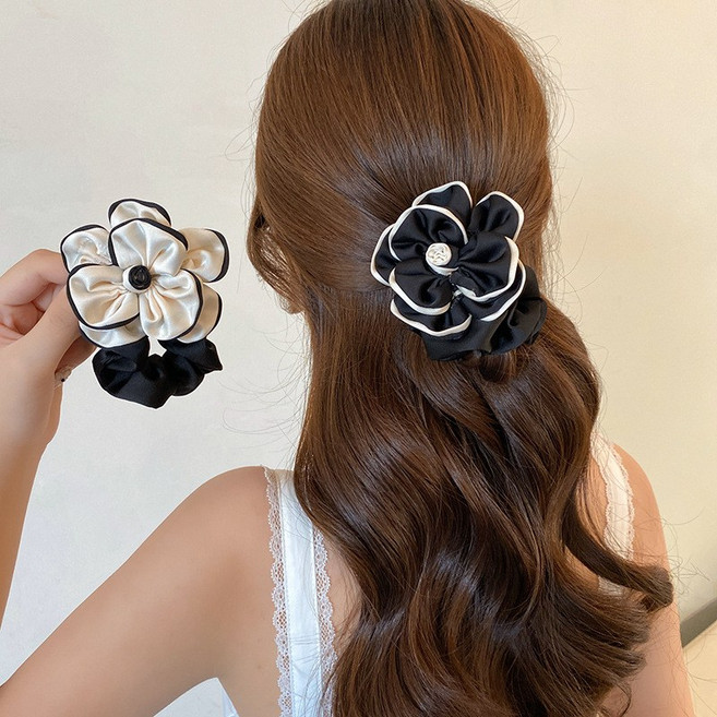 ZMBIRD 2종세트 예쁜 새틴 동백꽃 여성용 헤어슈슈 곱창밴드 머리끈 H3498