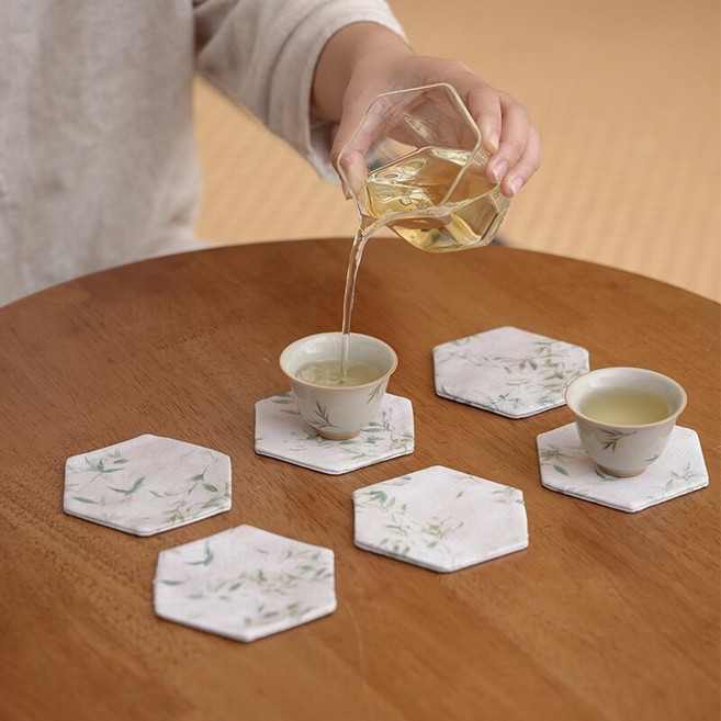 織錦 暗紋 刺繡 筱竹 六角 杯墊, 如圖所示, 1個